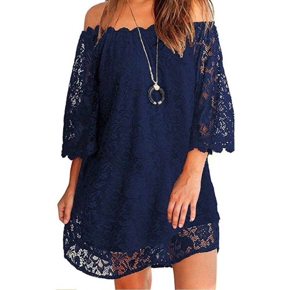 Blue Lacy Off The Shoulder Dress Sexy Cute - Ours Size S